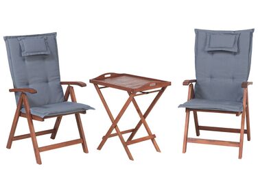 Set de terrasse table et 2 chaises en bois foncé coussins bleus TOSCANA
