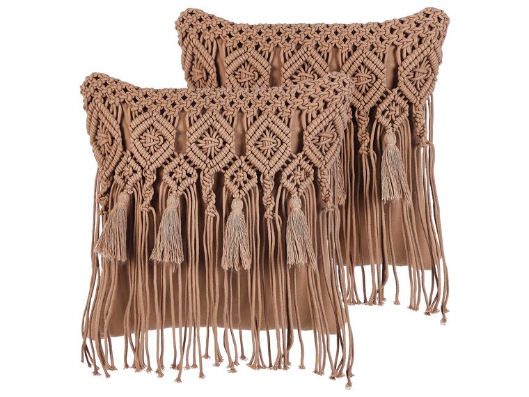 Set of 2 Cotton Macrame Cushions with Tassels 45 x 45 cm Brown BAMIAN_904670