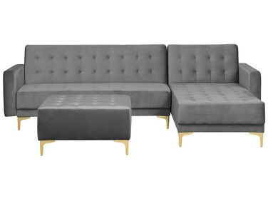 Left Hand Velvet Corner Sofa with Ottoman Grey ABERDEEN
