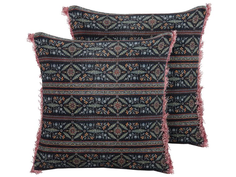Set of 2 Velvet Fringed Cushions with Flower Pattern 45 x 45 cm Multicolour RUTA_838941