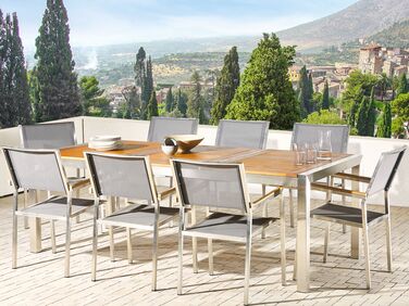 8 Seater Garden Dining Set Eucalyptus Wood Top with Grey Chairs GROSSETO 
