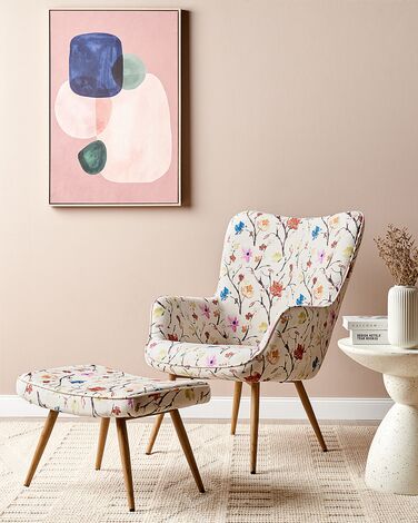 Wingback Chair with Footstool Floral Pattern Cream VEJLE II
