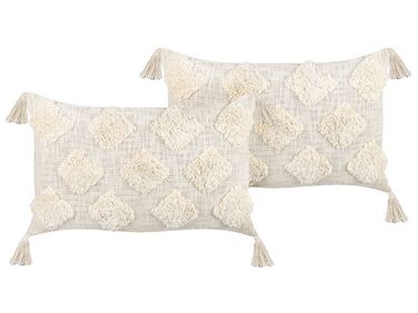 2 bawełniane poduszki dekoracyjne tuftowane z frędzlami 35 x 55 cm beżowe PAPAVER