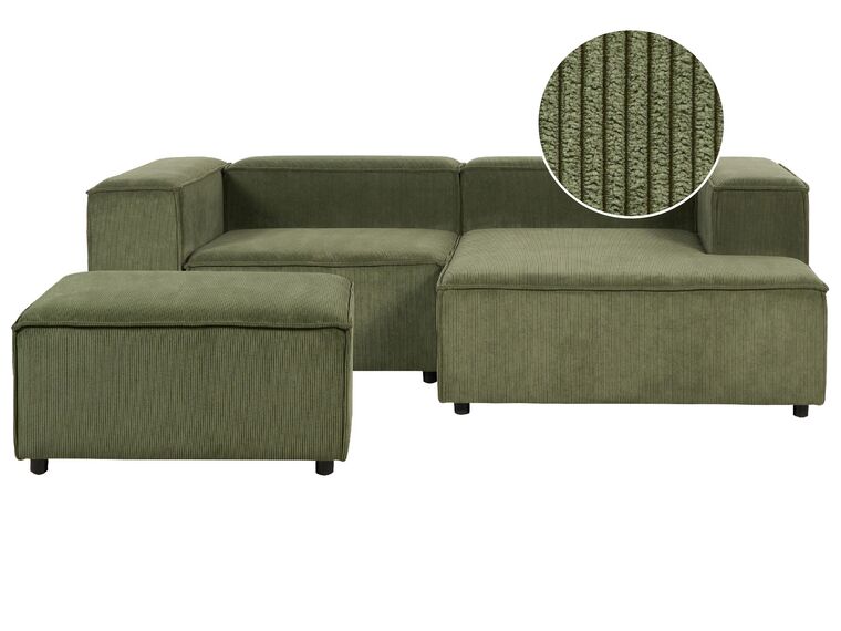 Canapé d'angle à gauche 2 places modulable avec ottoman en velours côtelé vert APRICA_904165