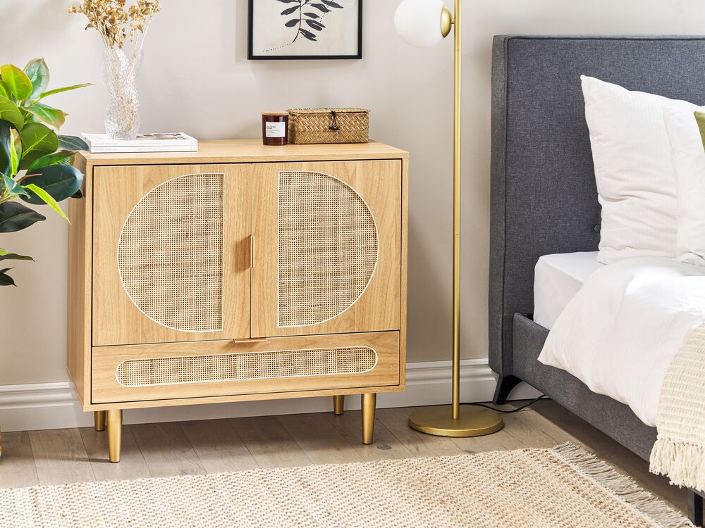 Mueble TV de ratán madera clara/dorado 120 x 40 cm PEROTE 