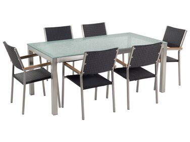 Conjunto de jardín mesa en vidrio 180x90 cm con 6 sillas de ratán negras GROSSETO
