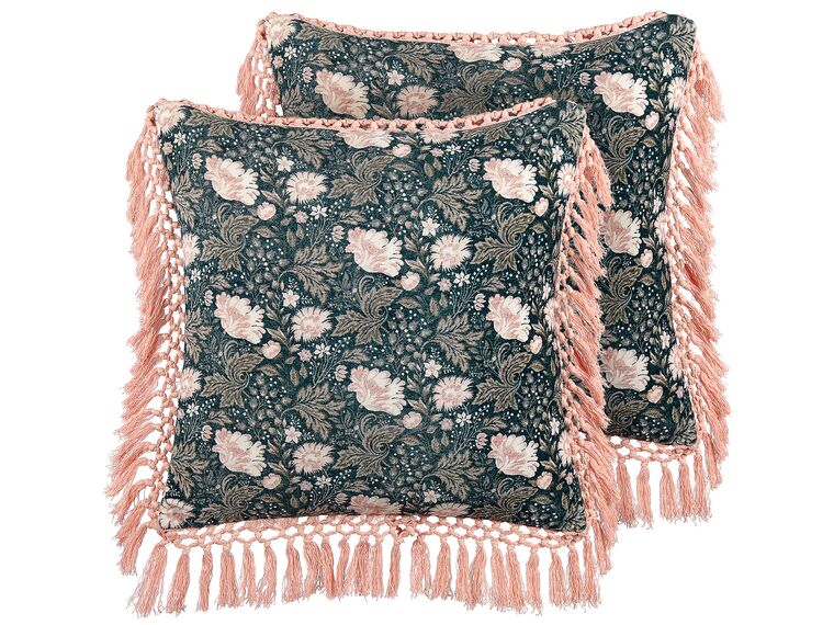Set of 2 Velvet Cushions Flower Pattern with Tassels 45 x 45 cm Blue and Pink PARROTIA_839003