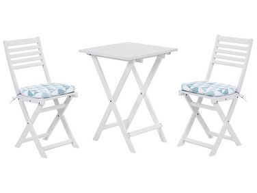 Table et 2 chaises de jardin blanches en bois avec coussins bleus FIJI 