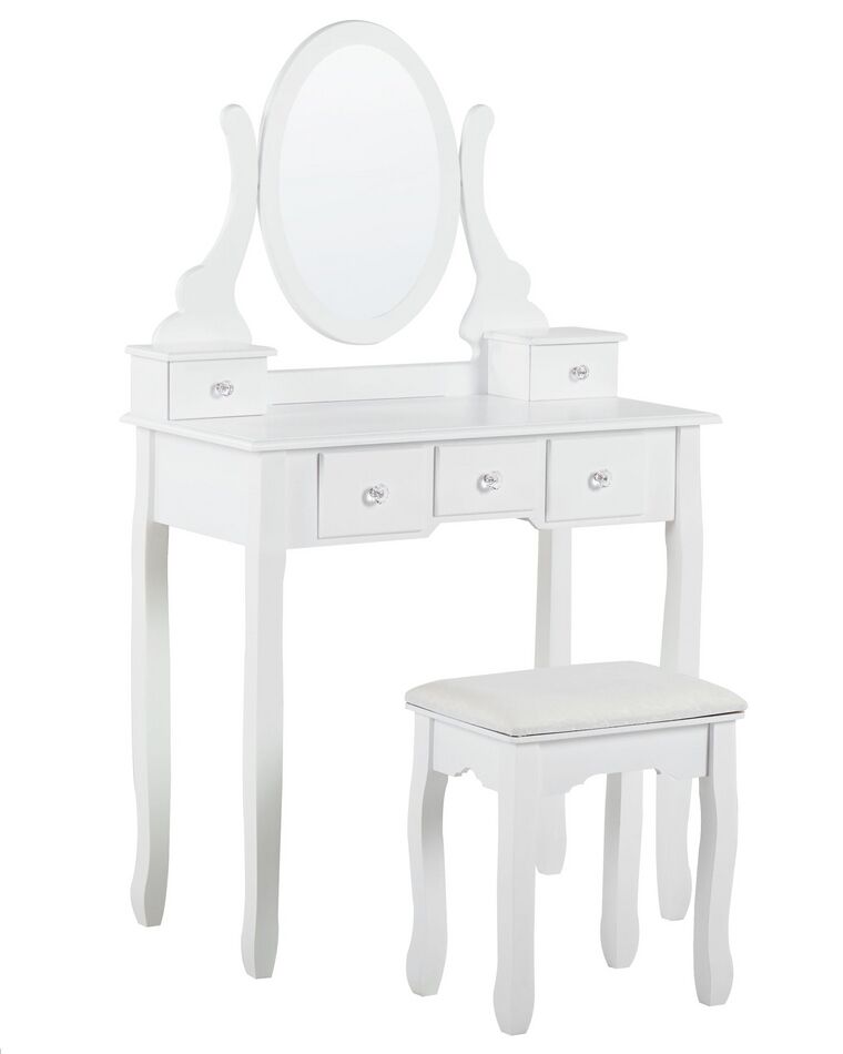 Toaletka 5 szuflad owalne lustro ze stołkiem biała GALAXIE_823948