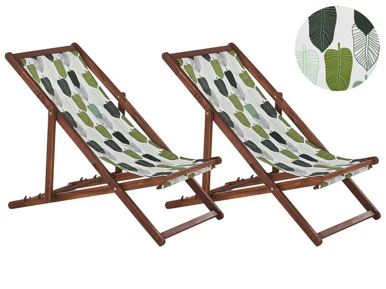 Set of 2 Acacia Folding Deck Chairs and 2 Replacement Fabrics Dark Wood with Off-White / Green Leaf Pattern ANZIO_819830