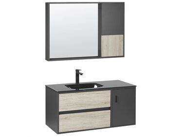 Súprava kúpeľňového nábytku so zrkadlovou skrinkou 100 cm svetlé drevo/čierna TERUEL