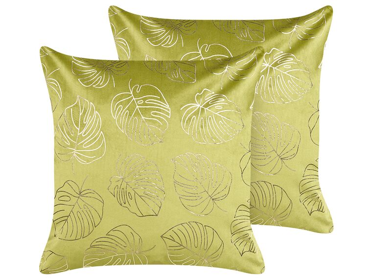 Set of 2 Velvet Cushions Leaf Pattern 45 x 45 cm Light Green MONSTERA_837821