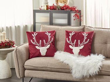 Set of 2 Velvet Cushions Reindeer Motif 45 x 45 cm Red BICOCCA