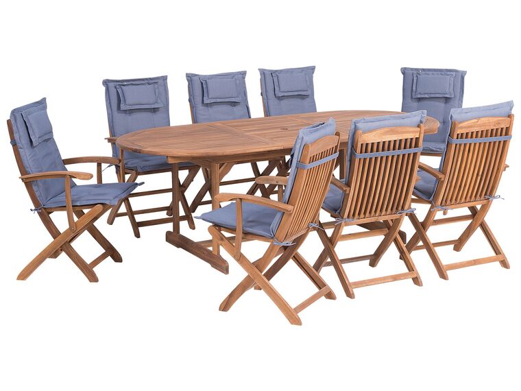 Zestaw ogrodowy drewniany stół i 8 krzeseł z poduszkami niebieskimi MAUI_755804