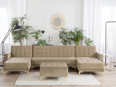 5-seters sofa med sovefunksjon + fotskammel fløyel beige ABERDEEN
