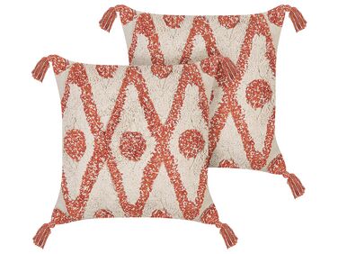 Set of 2 Tufted Cushions with Tassels 45 x 45 cm Beige and Orange HICKORY 