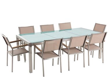 Nyolcszemélyes étkezőasztal repedezett üveglappal és bézs textilén székekkel GROSSETO