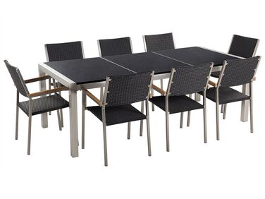 Table de jardin plateau granit noir poli 220 cm 8 chaises en rotin GROSSETO
