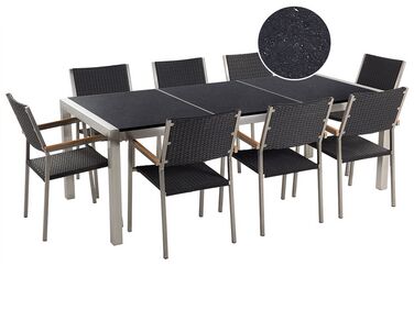 Conjunto de mesa com tampo triplo granito polido preto 220 x 100 cm e 8 cadeiras rattan sintético GROSSETO