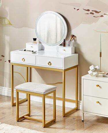 4 Drawers Dressing Table with LED Mirror and Stool White and Gold AUXON