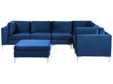Left Hand 6 Seater Modular Velvet Corner Sofa with Ottoman Blue EVJA