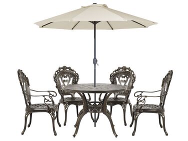 Ensemble de repas de jardin marron 4 places avec coussins verts et parasol SAPRI (16 options)
