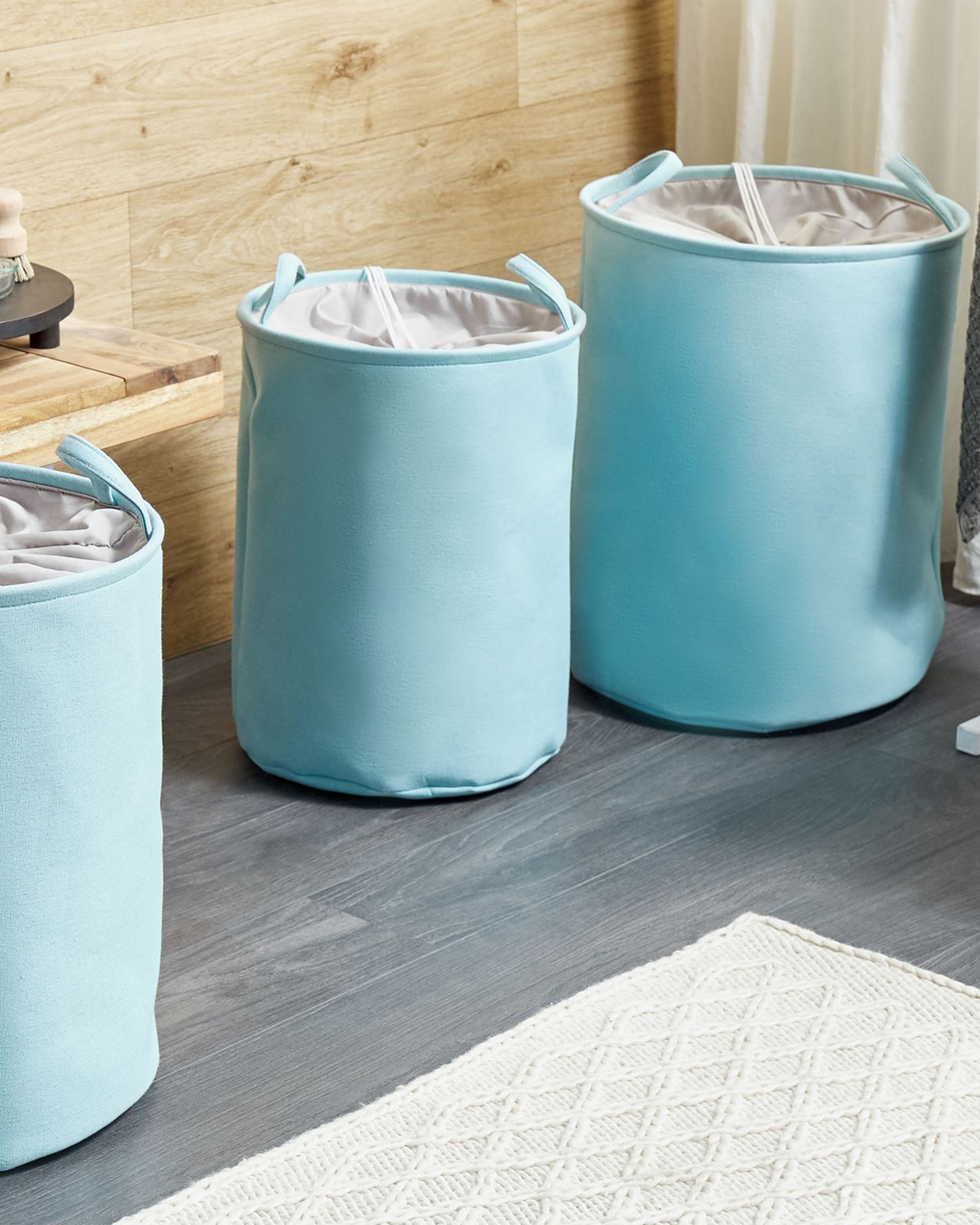 Conjunto de 3 cestos em tecido de poliéster azul e cinzento ARCHA_849701