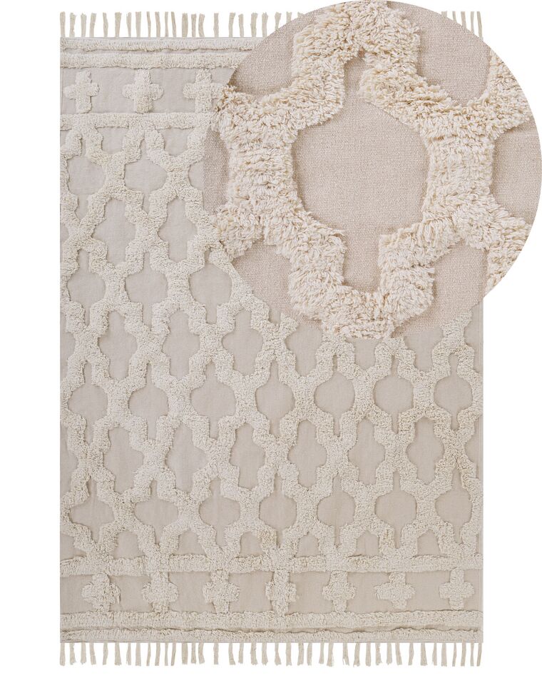 Teppich Baumwolle beige 160 x 230 cm marokkanisches Muster Fransen SULUOVA_817678