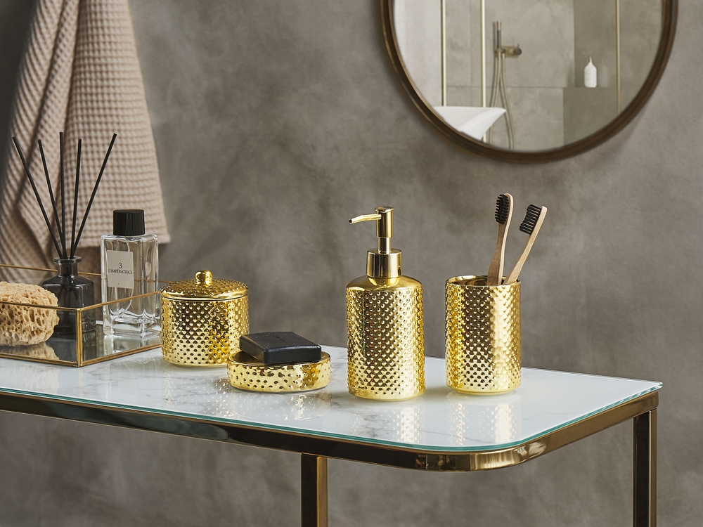 Conjunto de accesorios de baño de cerámica dorado/beige claro