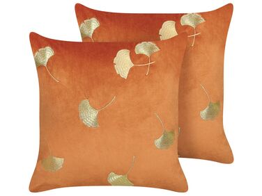 Set of 2 Velvet Cushions Leaf Print 45 x 45 cm Orange TULIP
