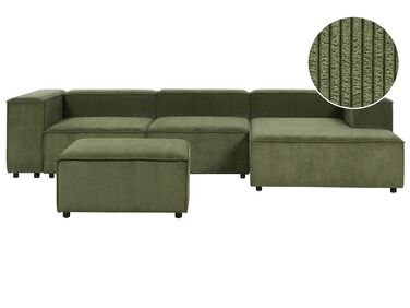Kombinálható háromszemélyes bal oldali zöld kordbársony kanapé ottománnal APRICA