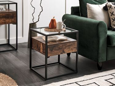 1 Drawer Glass Top Side Table Dark Wood with Black MAUK
