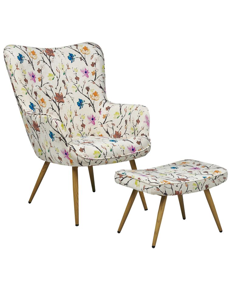 Wingback Chair with Footstool Floral Pattern Cream VEJLE II_884788