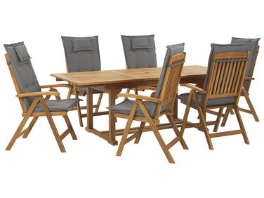 Conjunto de jardim em madeira de acácia mesa e 6 cadeiras com almofadas cinzento grafite JAVA