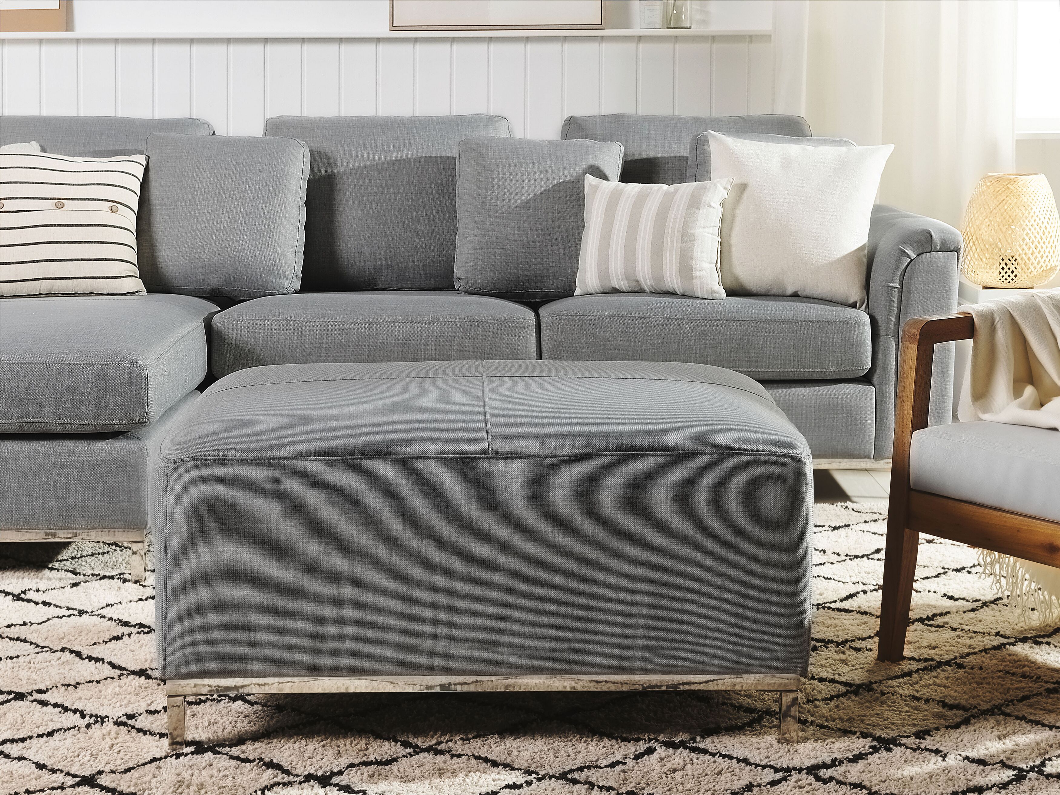 Beliani Ecksofa Mit Ottomane – Hellgrauer Stoff, 3-Sitzer, Linksseitig, Skandinavisches Design