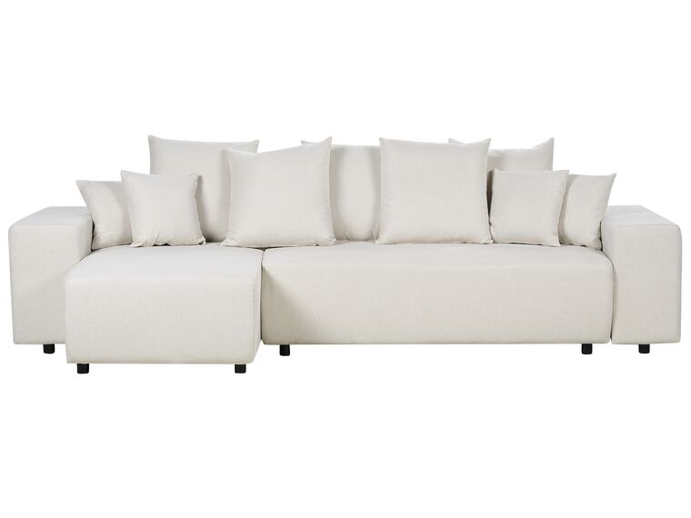Canapé-lit d'angle à droite avec rangement en tissu beige clair LUSPA_900921