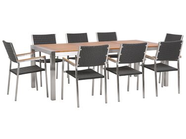 Table de jardin plateau bois eucalyptus 220 cm et 8 chaises en rotin noir GROSSETO