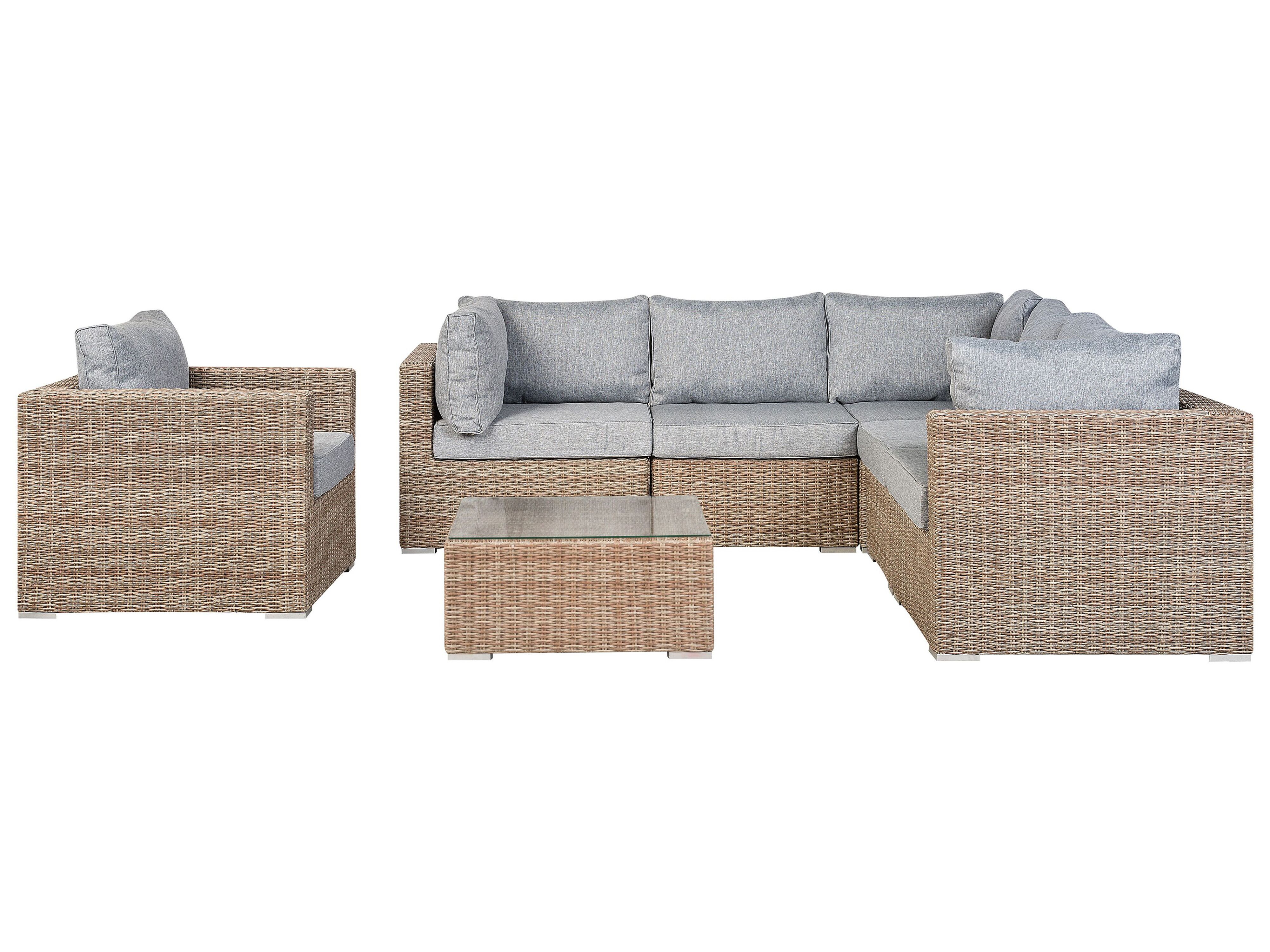 lounge set rattan hellbraun 6 sitzer auflagen hellgrau contare beliani de