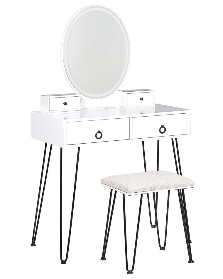 Konsolbord med 4 skuffer LED spejl og skammel hvid og sort SOYE_845460