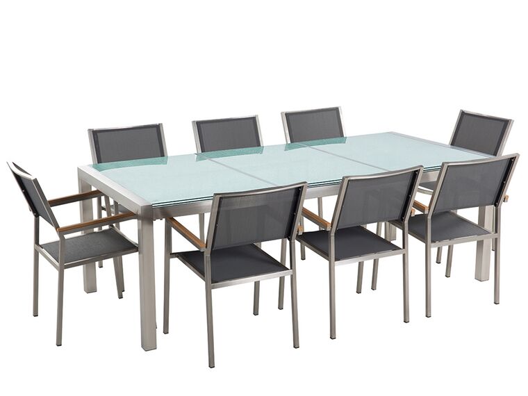 Set tavolo e sedie da giardino in vetro temperato e fibra tessile grigio tavolo 220 con 8 sedie GROSSETO_677352