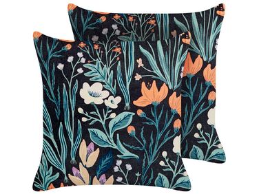 Set of 2 Velvet Cushions with Flower Pattern 45 x 45 cm Black and Green OSMUNDA