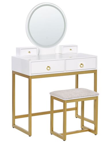 Toaletní stolek se 4 zásuvkami LED zrcadlem a stoličkou bílý/ zlatý AUXON