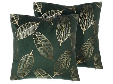 Set of 2 Velvet Cushions Leaf Pattern 45 x 45 cm Emerald Green FREESIA