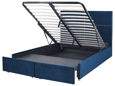 Velvet EU Double Size Ottoman Bed with Drawers Navy Blue VERNOYES