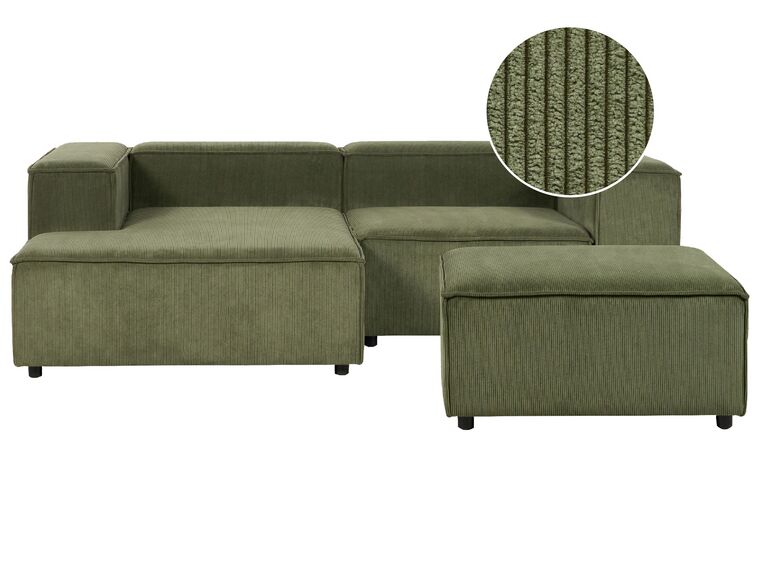 Kombinálható kétszemélyes jobb oldali zöld kordbársony kanapé ottománnal APRICA_904163