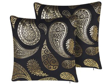 Set of 2 Velvet Cushions Paisley Pattern 45 x 45 cm Gold and Black URSINIA