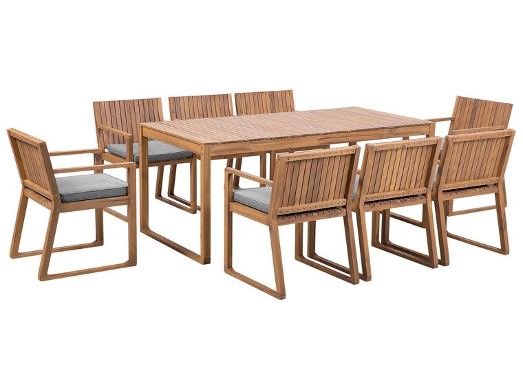 Zestaw ogrodowy drewniany stół i 8 krzeseł z poduszkami szarymi SASSARI_746056