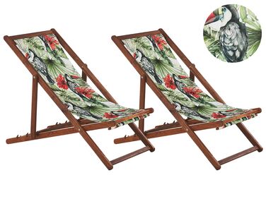 Set of 2 Acacia Folding Deck Chairs and 2 Replacement Fabrics Dark Wood with Off-White / Toucan Pattern ANZIO