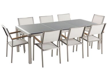 Gartenmöbel Set Granit grau poliert 220 x 100 cm 8-Sitzer Stühle Textilbespannung weiss GROSSETO
