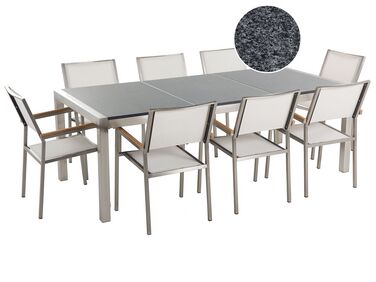 Conjunto de jardín mesa con tablero de piedra natural gris pulido 220 cm, 8 sillas blancas GROSSETO 
